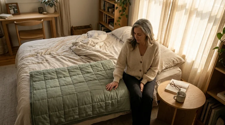 A woman in her mid-60s sits on the edge of her bed with a folded muted sage-green weighted blanket in the morning light, considering how to use it safely with neuropathy.