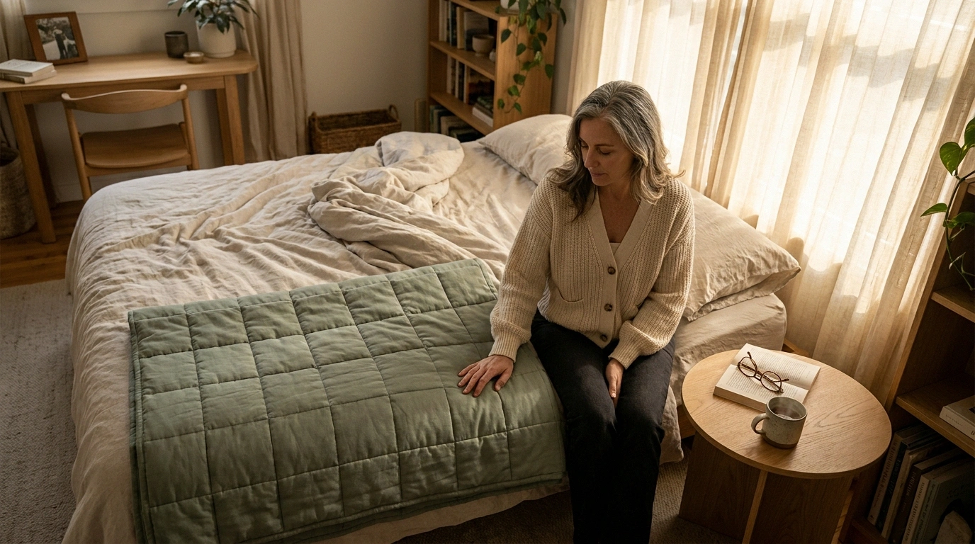 A woman in her mid-60s sits on the edge of her bed with a folded muted sage-green weighted blanket in the morning light, considering how to use it safely with neuropathy.
