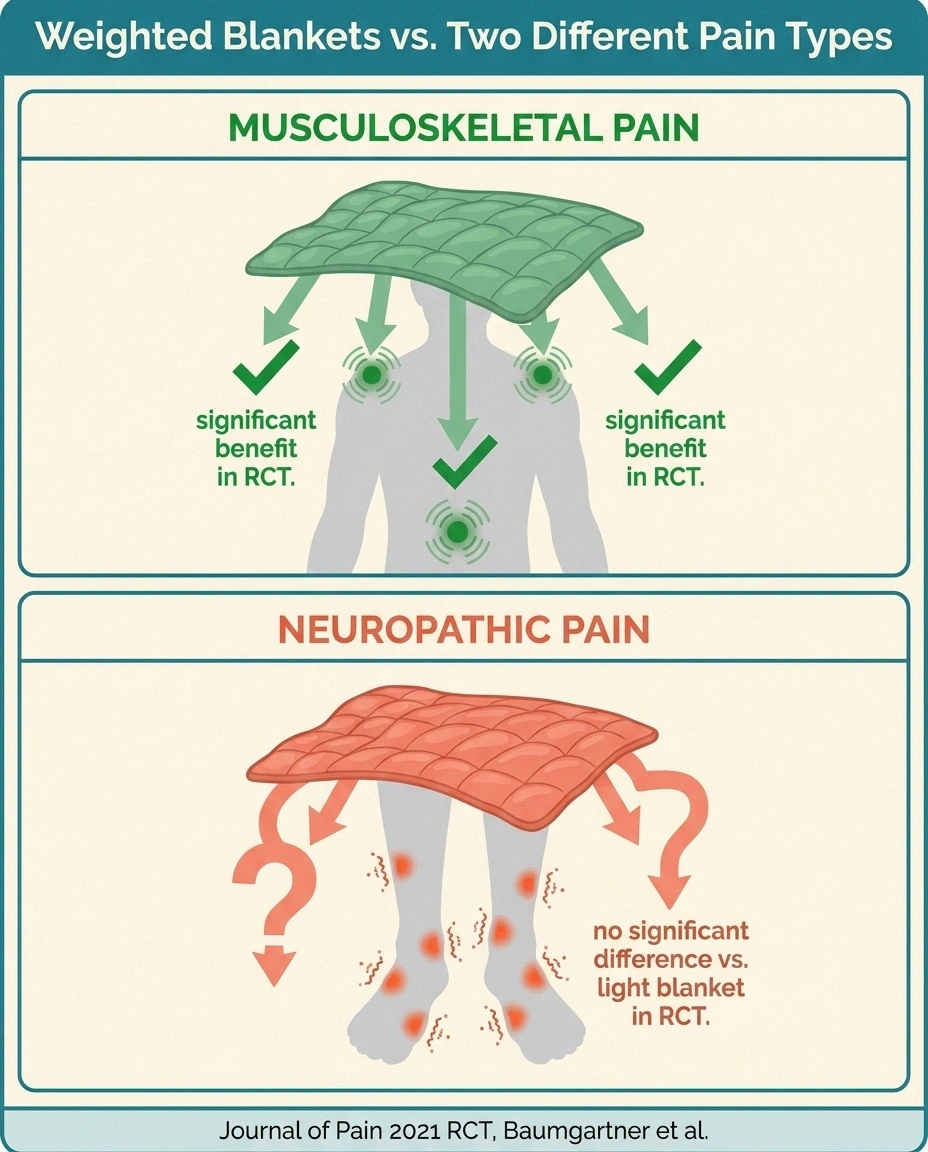 An infographic comparing weighted-blanket benefits for musculoskeletal pain (significant) versus neuropathic pain (no significant difference) based on the 2021 Journal of Pain RCT.