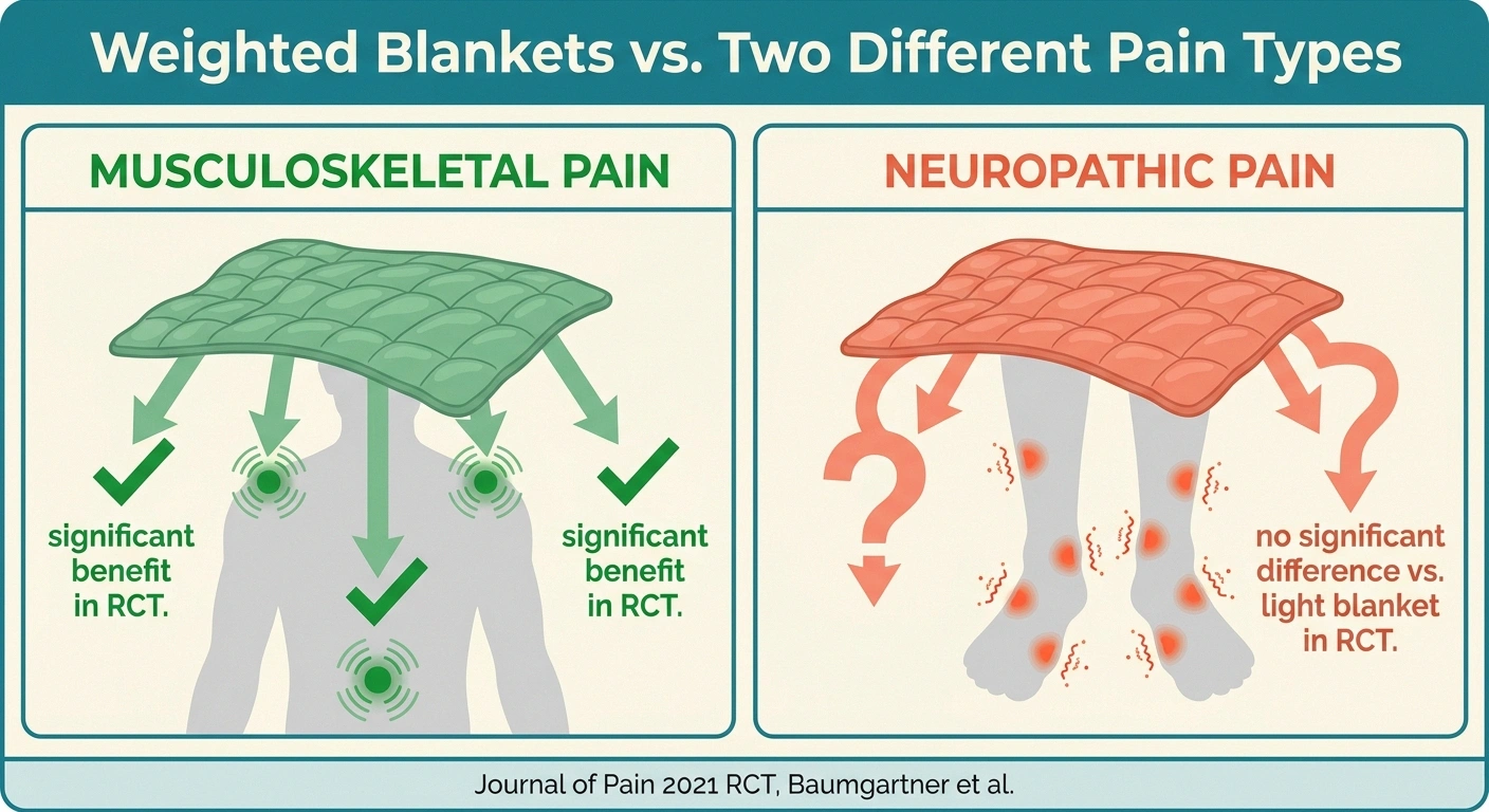 An infographic comparing weighted-blanket benefits for musculoskeletal pain (significant) versus neuropathic pain (no significant difference) based on the 2021 Journal of Pain RCT.