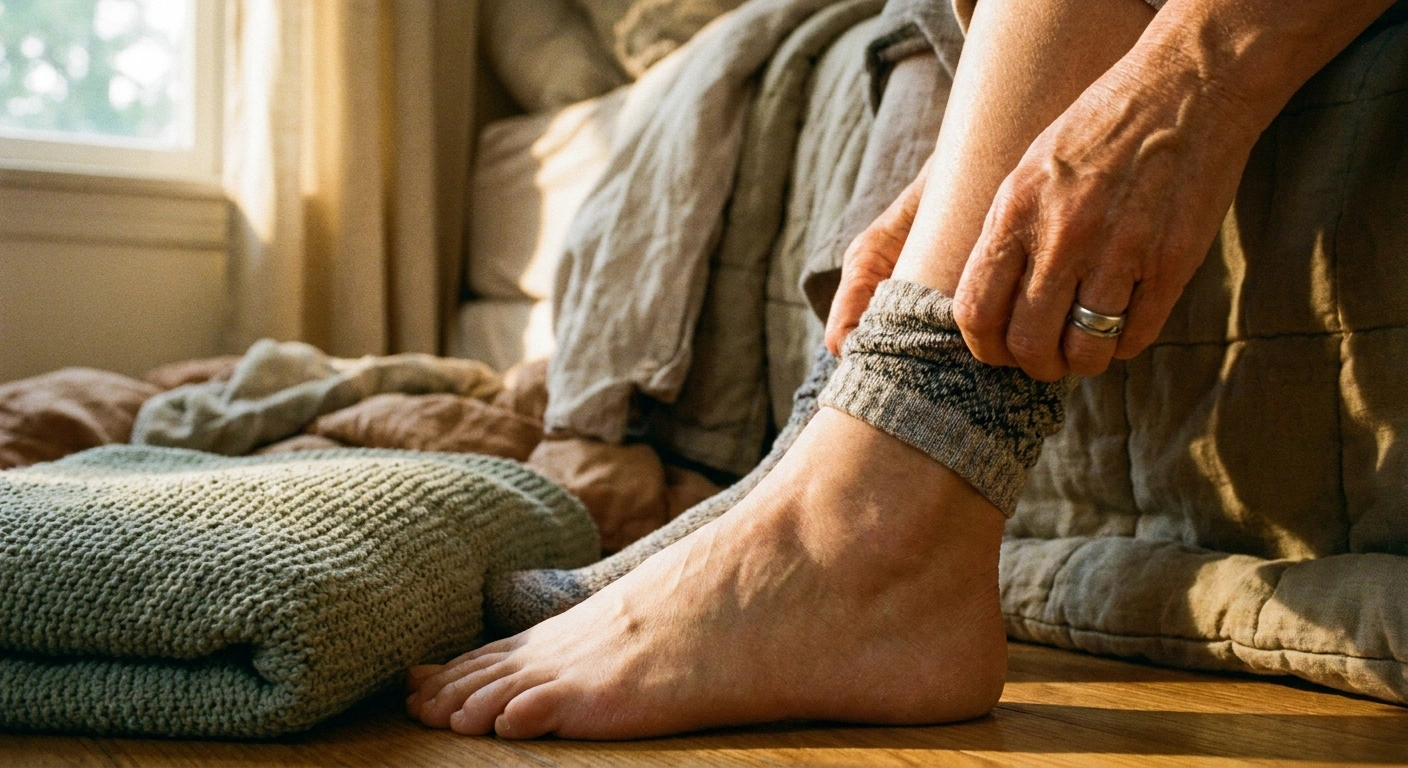 A woman lifts the hem of her sock in soft morning light to inspect the skin of her foot for pressure marks after a night under a weighted blanket.