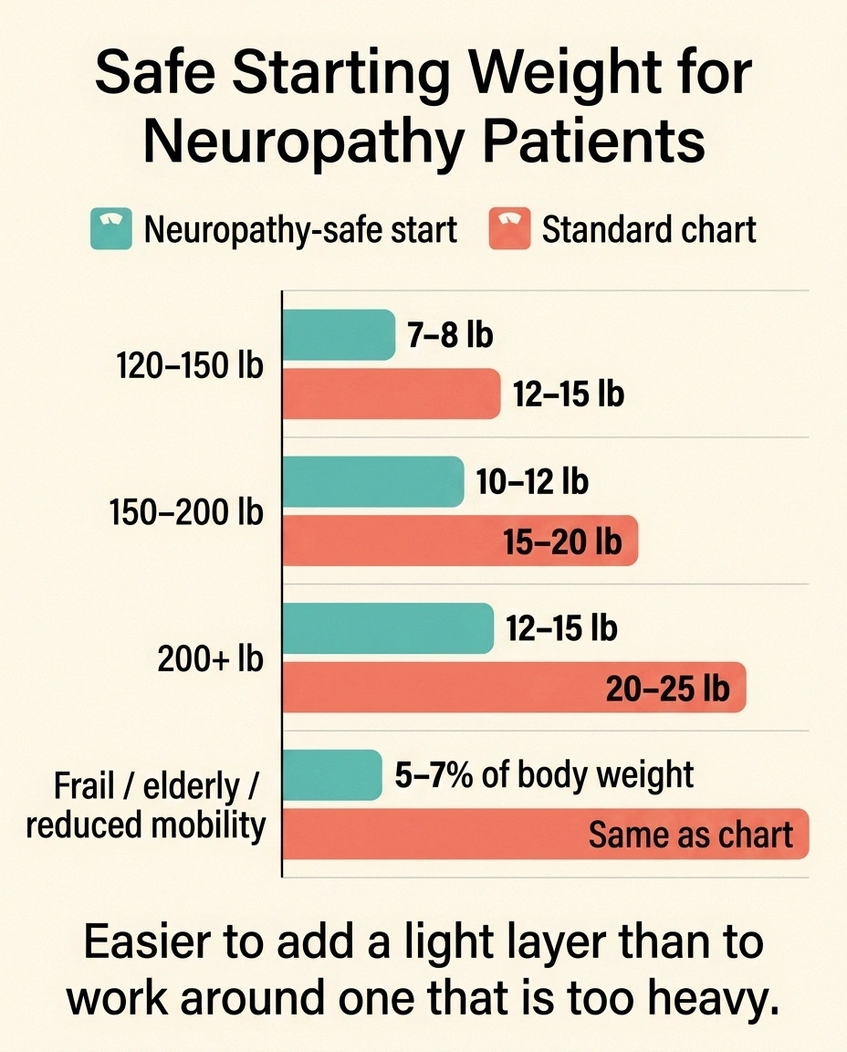 A horizontal bar chart comparing neuropathy-safe starting weighted-blanket weights against the standard 10-percent-of-body-weight recommendations for four body-weight categories.