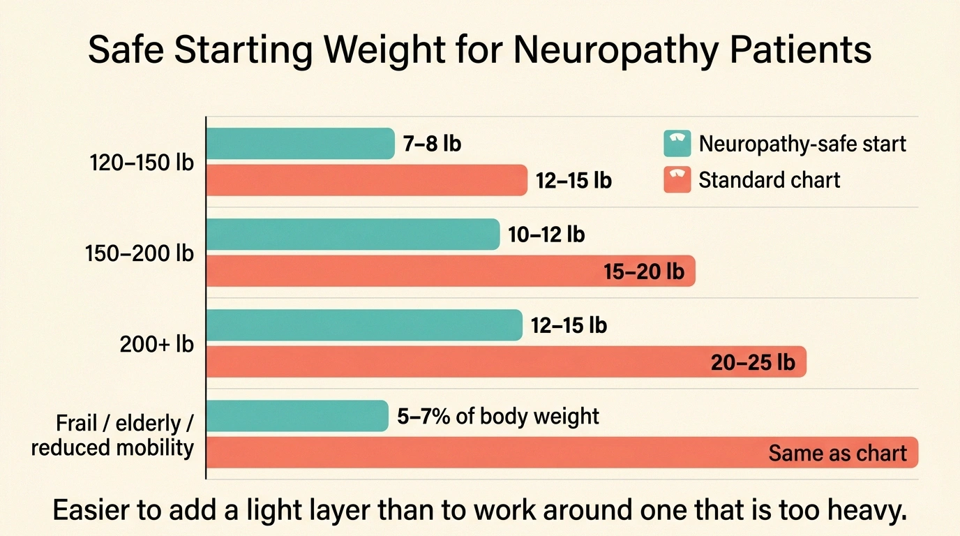 A horizontal bar chart comparing neuropathy-safe starting weighted-blanket weights against the standard 10-percent-of-body-weight recommendations for four body-weight categories.