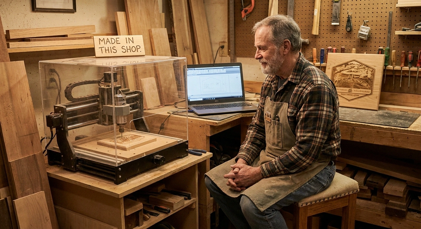 A mid-60s woodworker sits on a padded stool watching a tabletop CNC router carve a personalized cutting board, a laptop with the CAD design file beside the machine and a finished laser-engraved plaque leaning against the wall behind him, the hobby pivot from power tools to computer-controlled making.