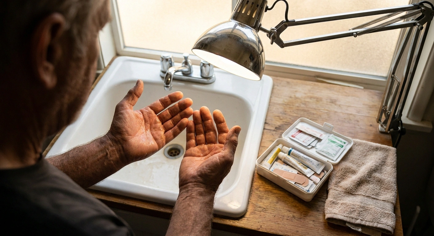 A mid-60s woodworker examines both freshly washed palms under a bright swing-arm lamp at a utility sink, a first-aid kit with antibiotic ointment and bandages open on the counter beside him, the post-shop hand inspection ritual for neuropathy.