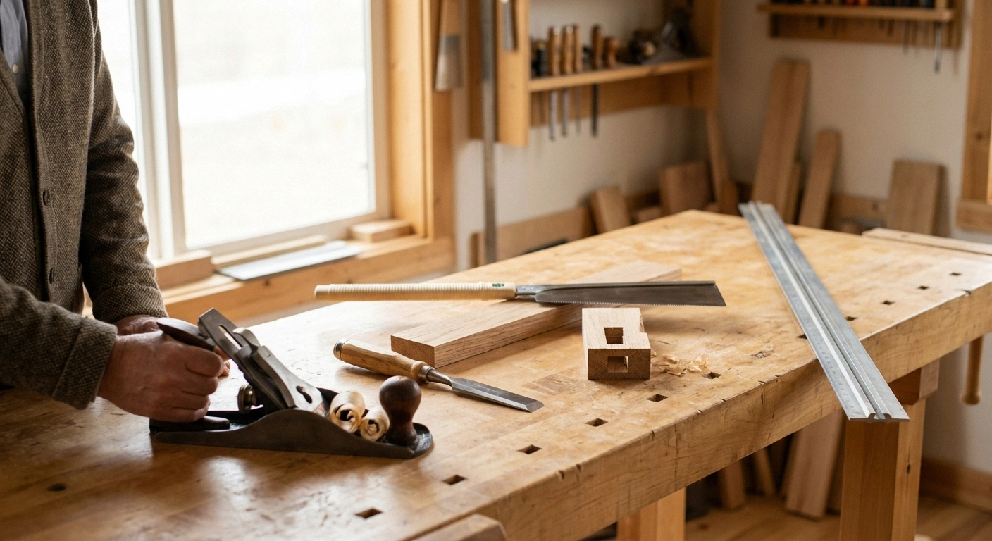 A workbench arranged with a Japanese pull saw, a sharp bench chisel beside a partially cut mortise, a low-angle hand plane with fresh shavings, and a track-saw straight-edge guide, the substitutes recommended for numb-hand woodworkers.