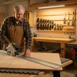 A late-60s woodworker in a canvas apron guides a track saw along a straight-edge on a sheet of plywood, both feet flat on the floor, hand tools on a French cleat wall behind him and a SawStop cabinet saw in the corner.
