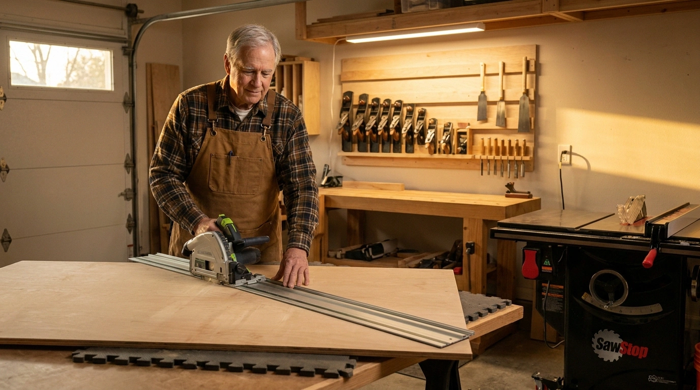 A late-60s woodworker in a canvas apron guides a track saw along a straight-edge on a sheet of plywood, both feet flat on the floor, hand tools on a French cleat wall behind him and a SawStop cabinet saw in the corner.