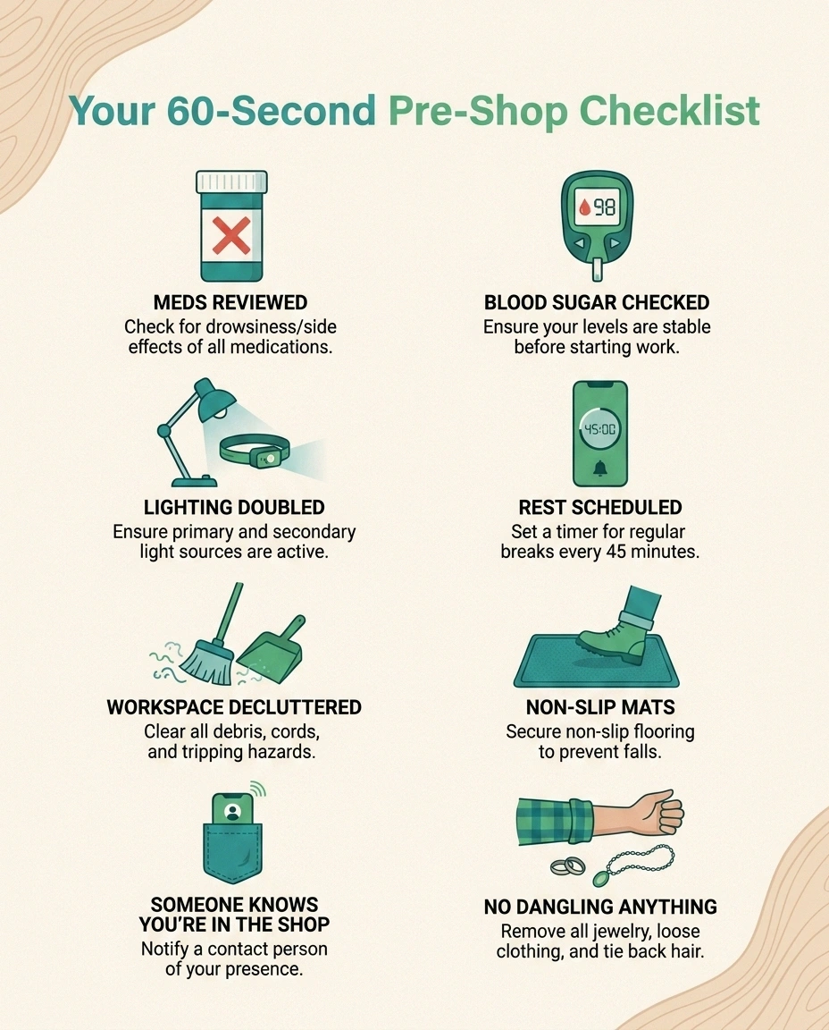 An infographic checklist of the eight pre-shop safety items for woodworkers with neuropathy: meds reviewed, blood sugar checked, workspace decluttered, non-slip mats, lighting doubled, rest scheduled, phone in pocket, and no dangling clothing.