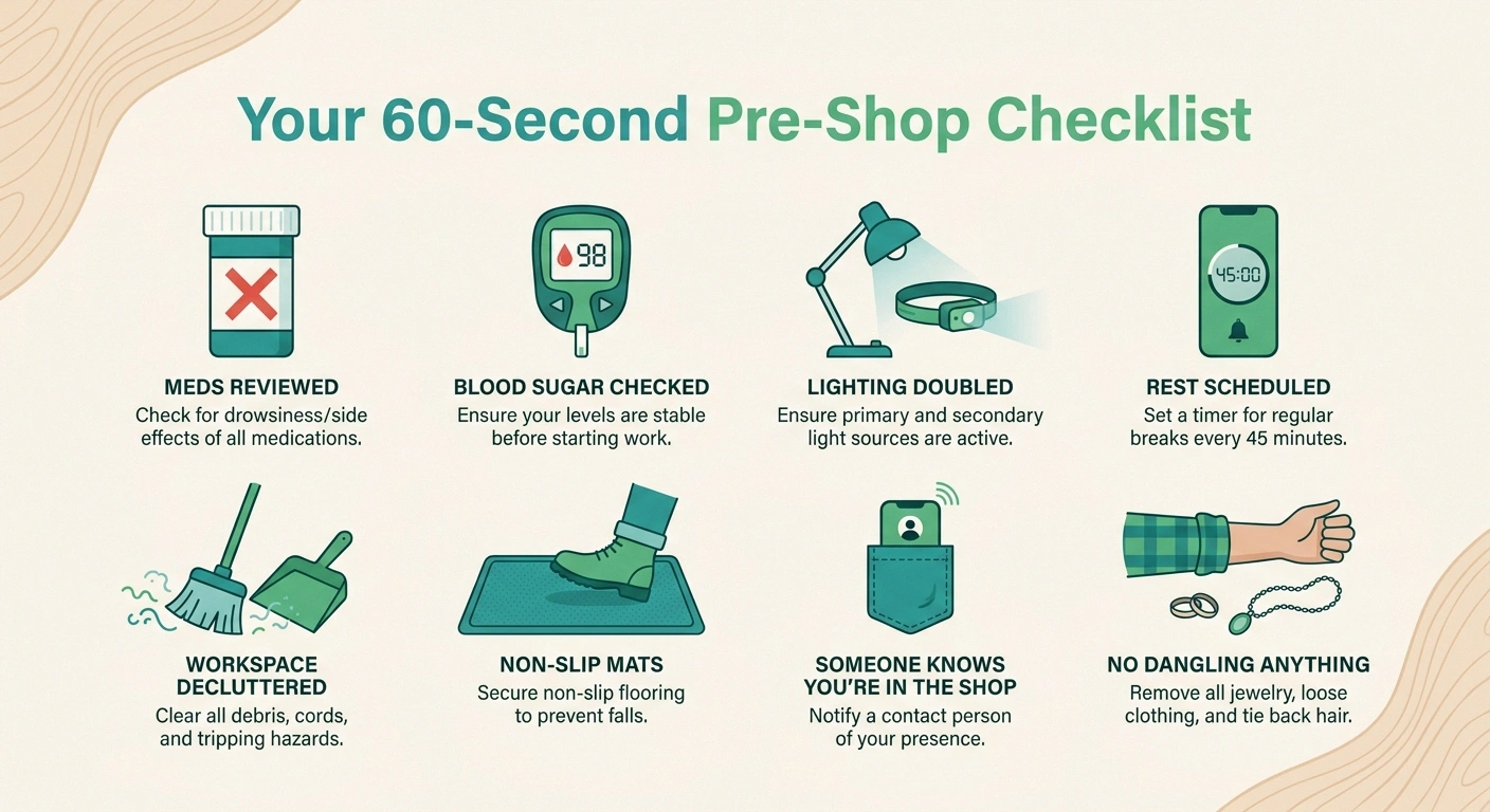 An infographic checklist of the eight pre-shop safety items for woodworkers with neuropathy: meds reviewed, blood sugar checked, workspace decluttered, non-slip mats, lighting doubled, rest scheduled, phone in pocket, and no dangling clothing.