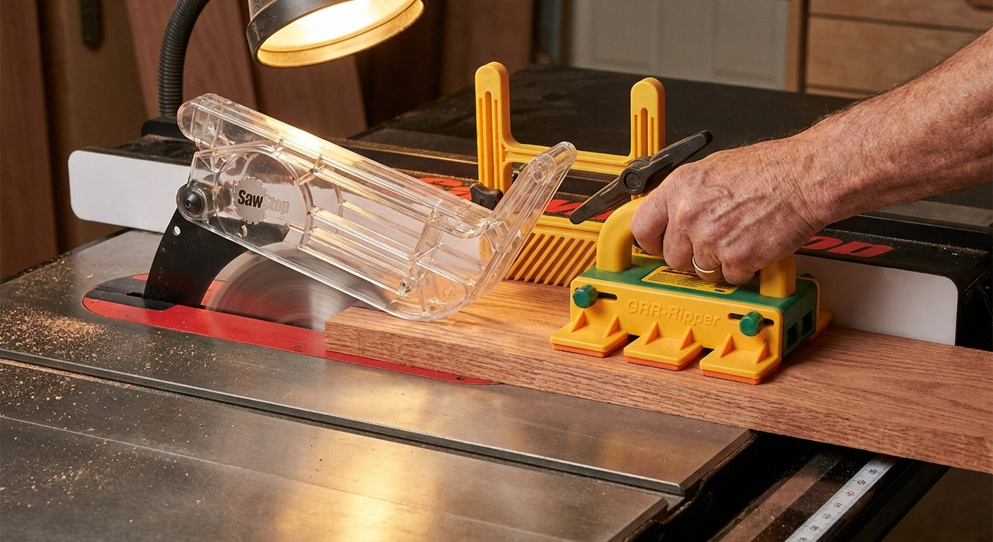 A SawStop cabinet saw with riving knife and blade guard installed, showing a GRR-Ripper push block with three grip pads guiding a piece of red oak into the blade while a featherboard clamped to the fence holds the stock in place.