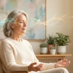 Woman in 60s meditating with subtle neural pathway overlay representing brain retraining for chronic pain