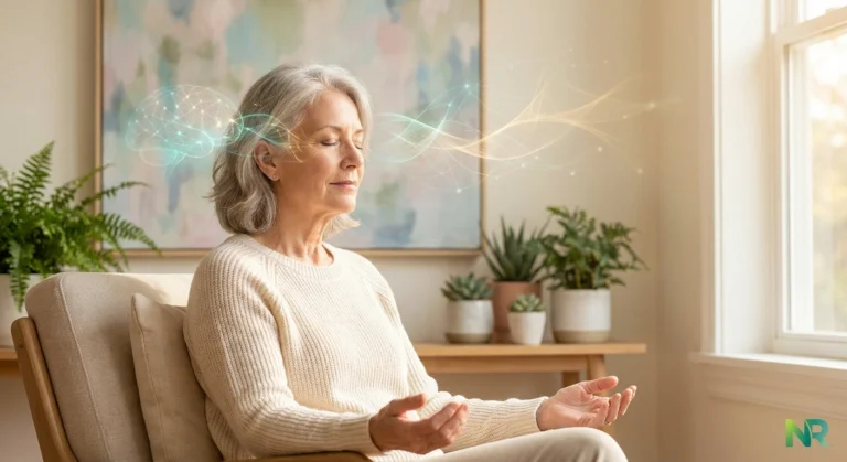 Woman in 60s meditating with subtle neural pathway overlay representing brain retraining for chronic pain
