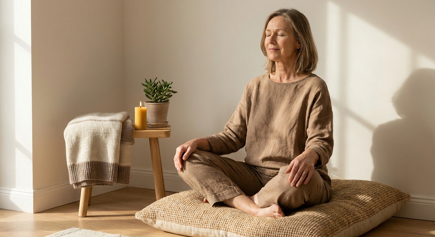 Older woman practicing mindfulness meditation in sunlit home setting