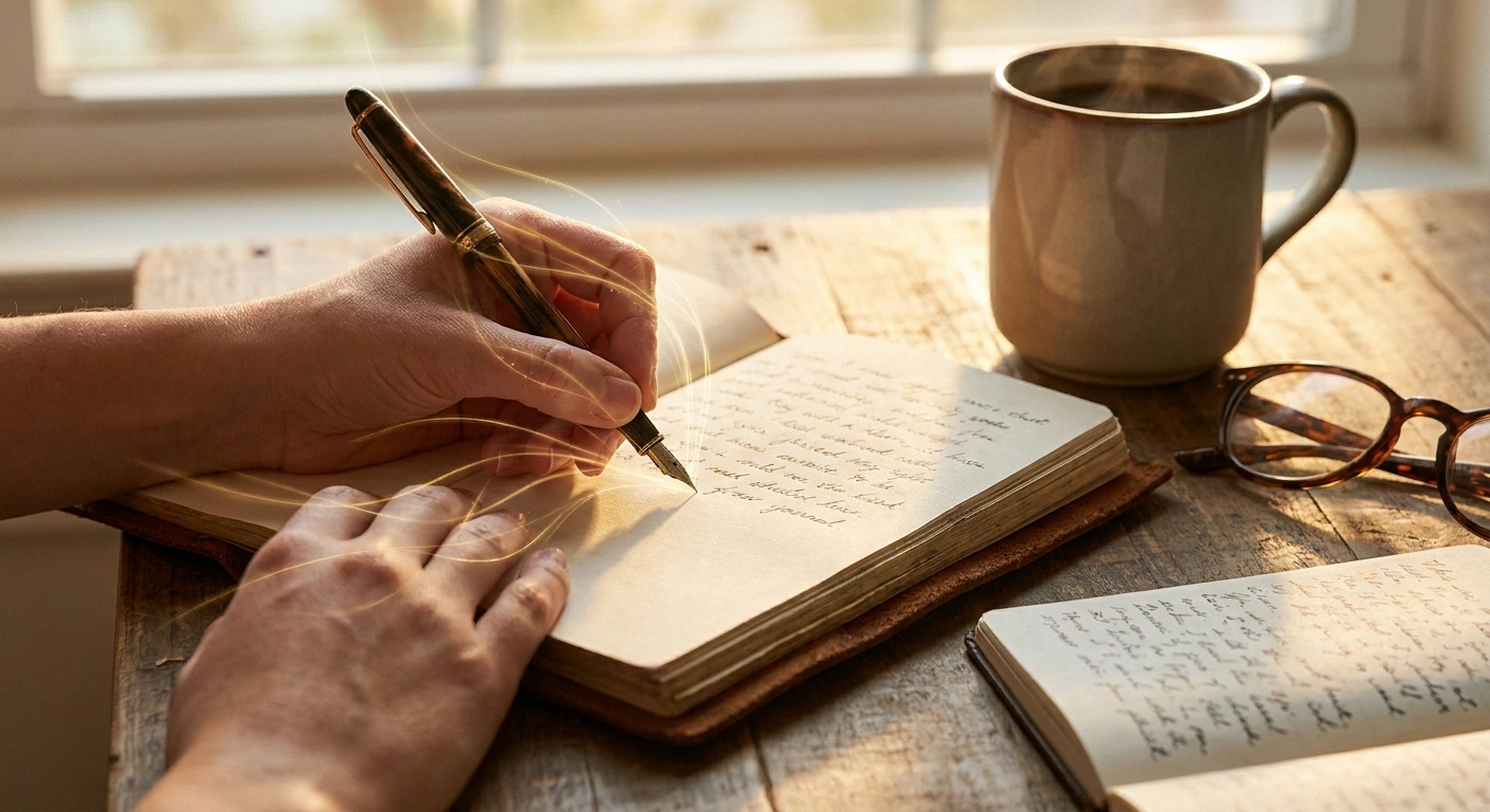 Hand journaling in morning light symbolizing daily practice of nervous system retraining