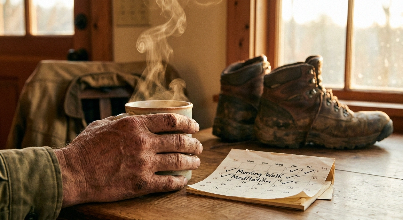 Hand with tea and habit calendar symbolizing small consistent daily practice for chronic pain