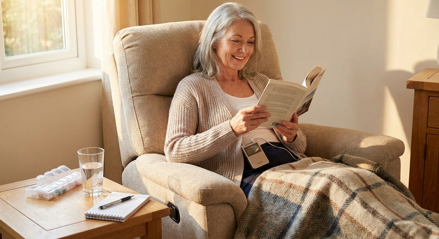 Woman with TENS unit reading in cozy chair showing integrated chronic pain management