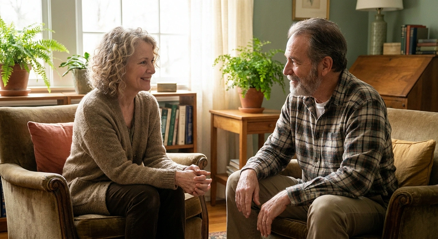 Therapy session between compassionate therapist and older man discussing pain reprocessing