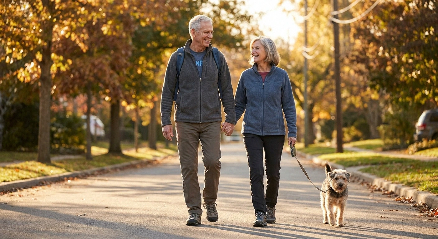 Older couple walking together on tree-lined path representing daily movement for pain