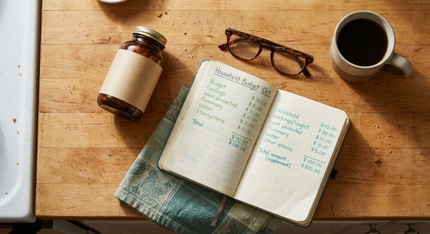 Overhead kitchen counter view with a supplement bottle, budget notebook, reading glasses, and coffee cup in warm morning light.
