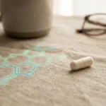 A single supplement capsule beside a stylized NAD+ molecule schematic in warm morning light, illustrating the nicotinamide riboside concept.