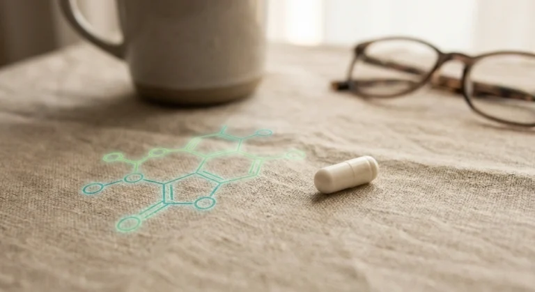 A single supplement capsule beside a stylized NAD+ molecule schematic in warm morning light, illustrating the nicotinamide riboside concept.
