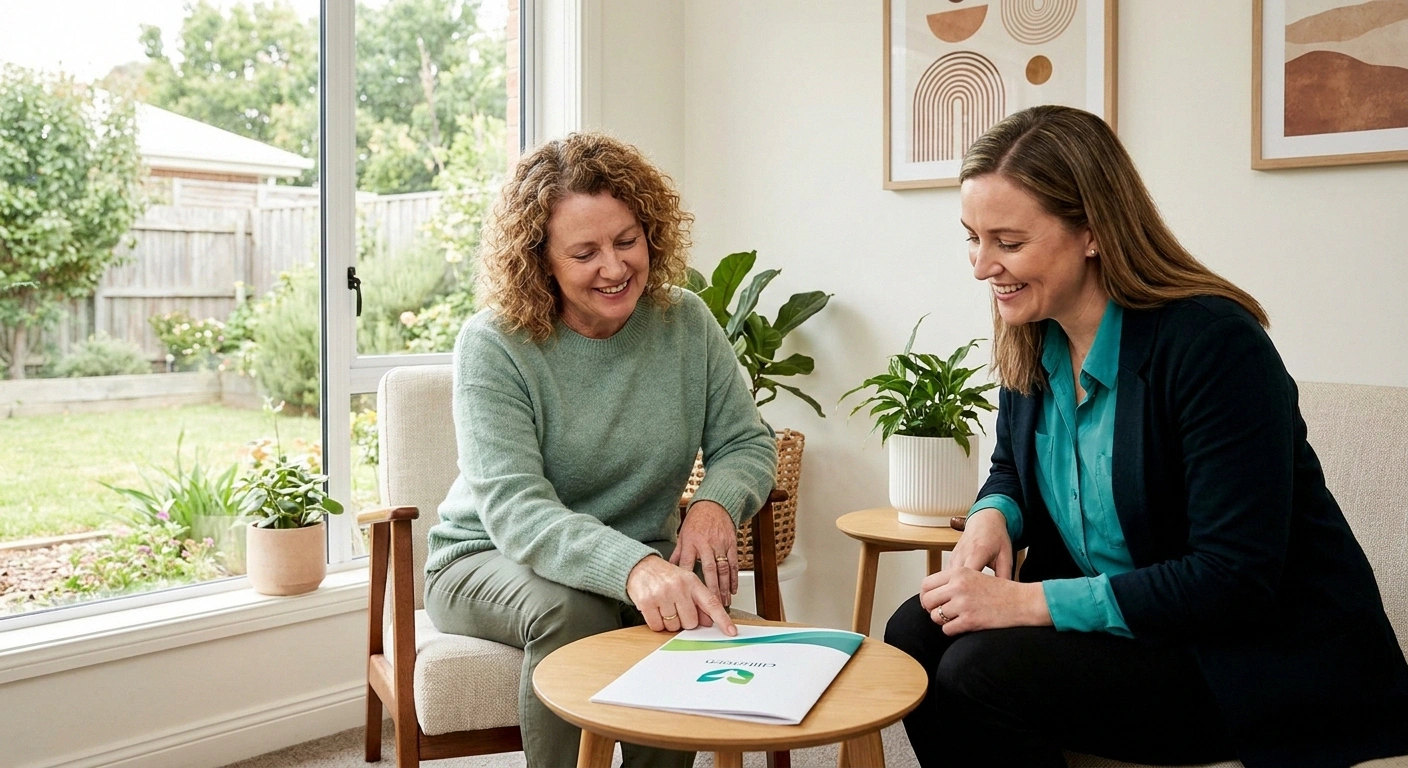 Patient and oncology clinician reviewing a printed information sheet together in a bright consultation room with soft natural light.