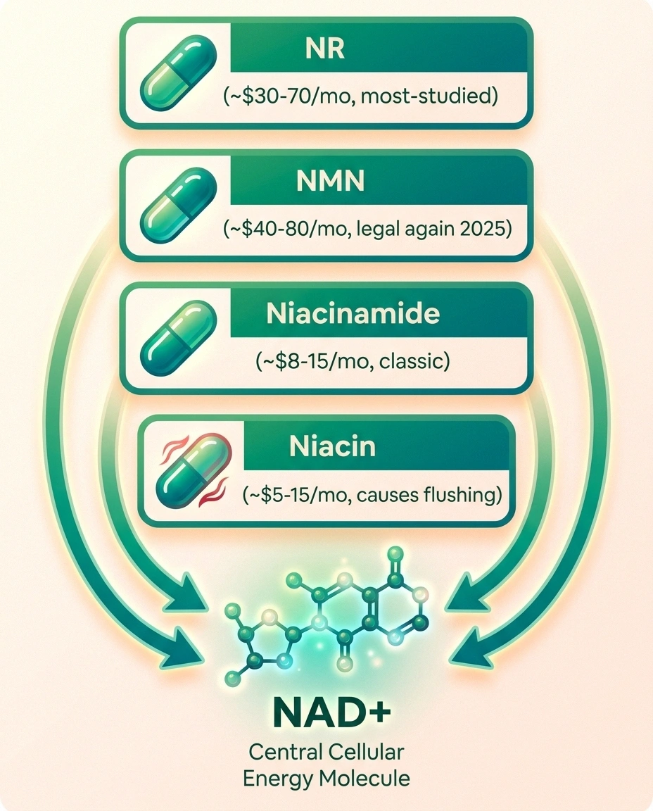 Four-panel infographic comparing NR, NMN, niacinamide, and niacin as NAD+ precursors, all flowing into a central NAD+ molecule.