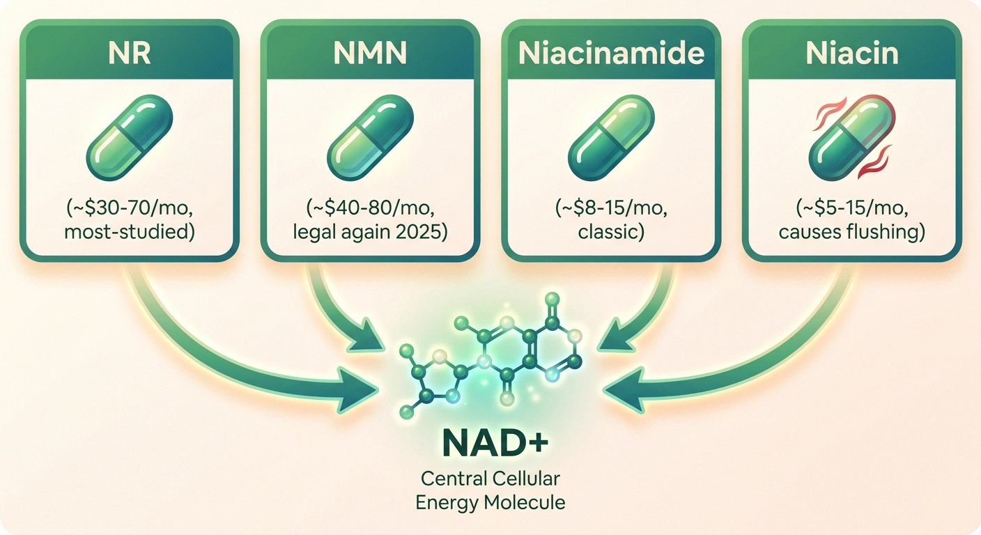 Four-panel infographic comparing NR, NMN, niacinamide, and niacin as NAD+ precursors, all flowing into a central NAD+ molecule.