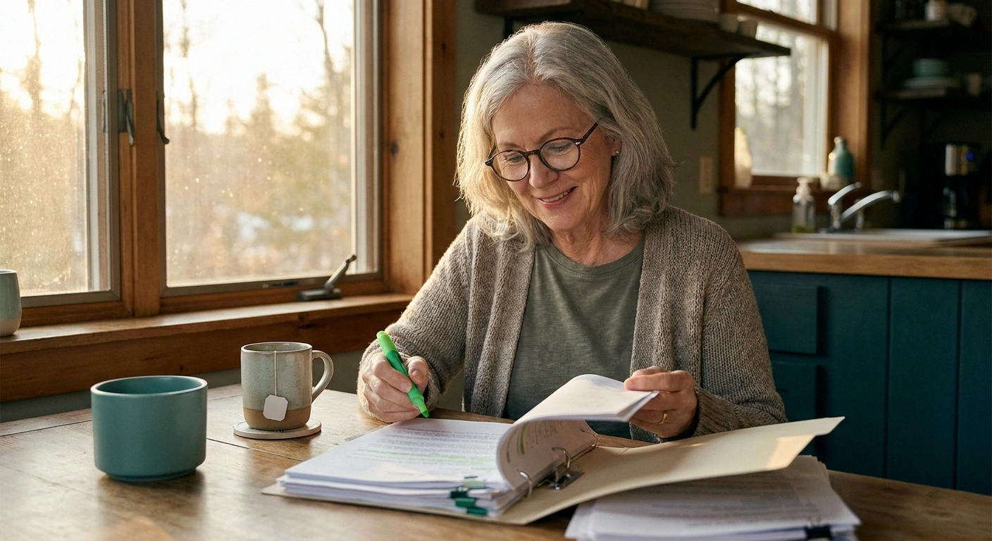 Older woman at a kitchen table reading printed research papers with a highlighter and mug of tea in soft afternoon light.