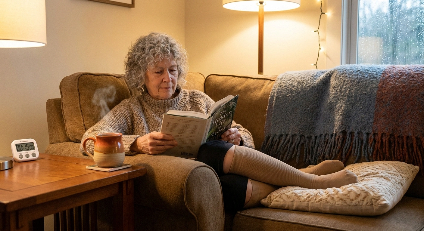 Older woman sitting comfortably on the couch with compression socks and feet elevated as part of her evening neuropathy routine