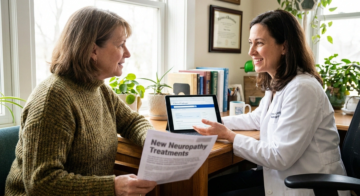 Diabetic neuropathy patient and neurologist reviewing clinical trial information together during a consultation.