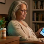 Diabetic neuropathy patient researching non-opioid pipeline drug nispomeben on a tablet in home study.