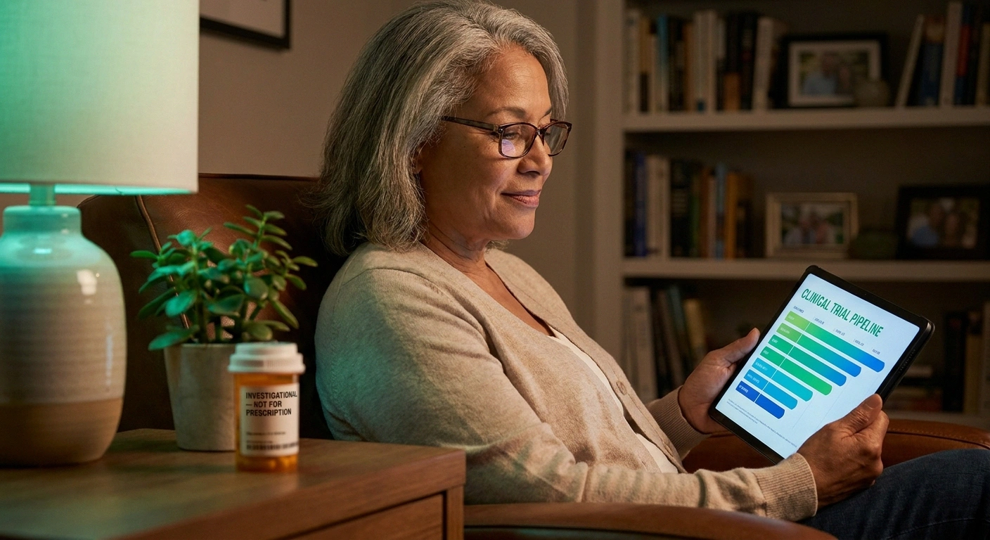 Diabetic neuropathy patient researching non-opioid pipeline drug nispomeben on a tablet in home study.