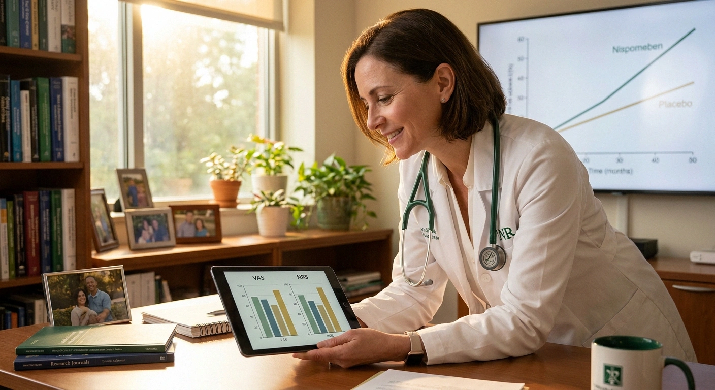 Research clinician reviewing Phase 2a nispomeben trial pain scale data on a tablet in a warm medical research office.