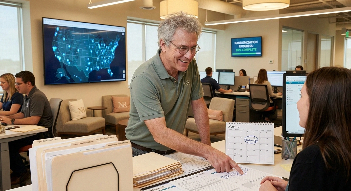 Clinical trial coordinator reviewing Phase 2b nispomeben trial case forms at a multicenter research site.