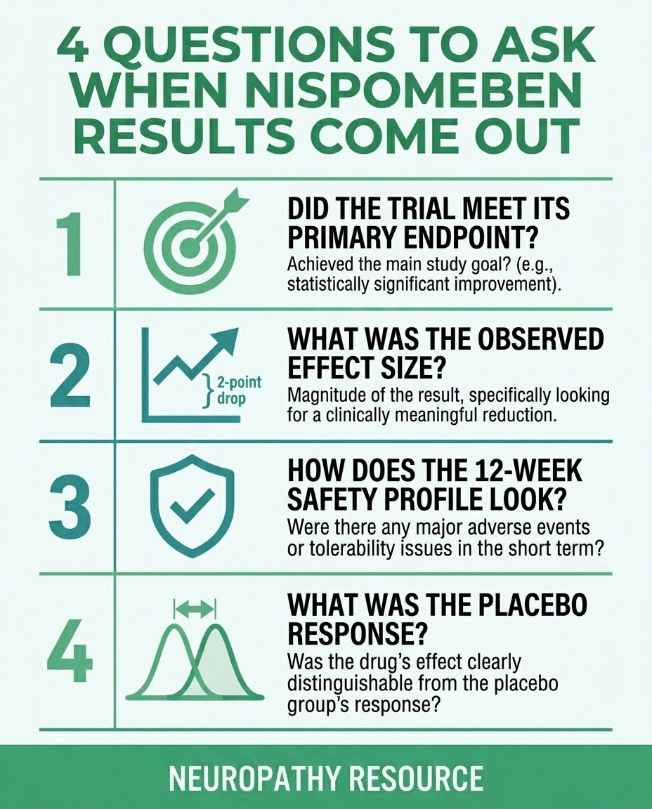 Infographic checklist of 4 key questions to evaluate nispomeben Phase 2b trial results when announced.