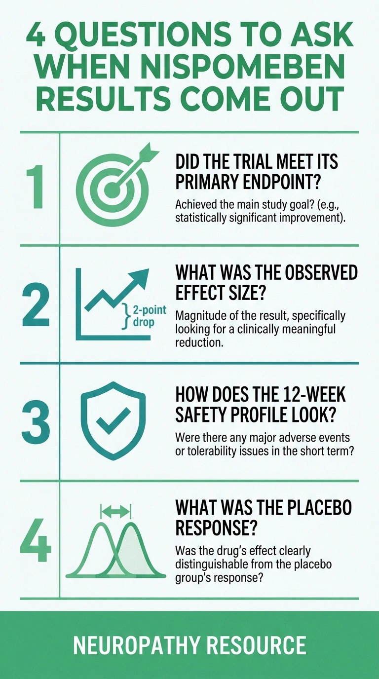 Infographic checklist of 4 key questions to evaluate nispomeben Phase 2b trial results when announced.