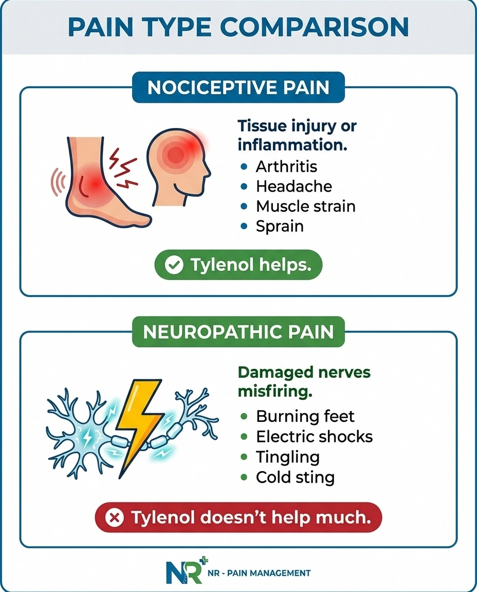 Infographic comparing nociceptive pain and neuropathic pain and which responds to acetaminophen