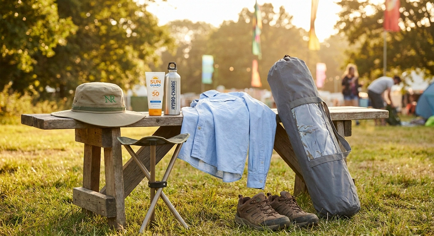 Outdoor festival preparation kit for neuropathy including a camping stool, wide-brim sun hat, electrolyte drinks, and sunscreen