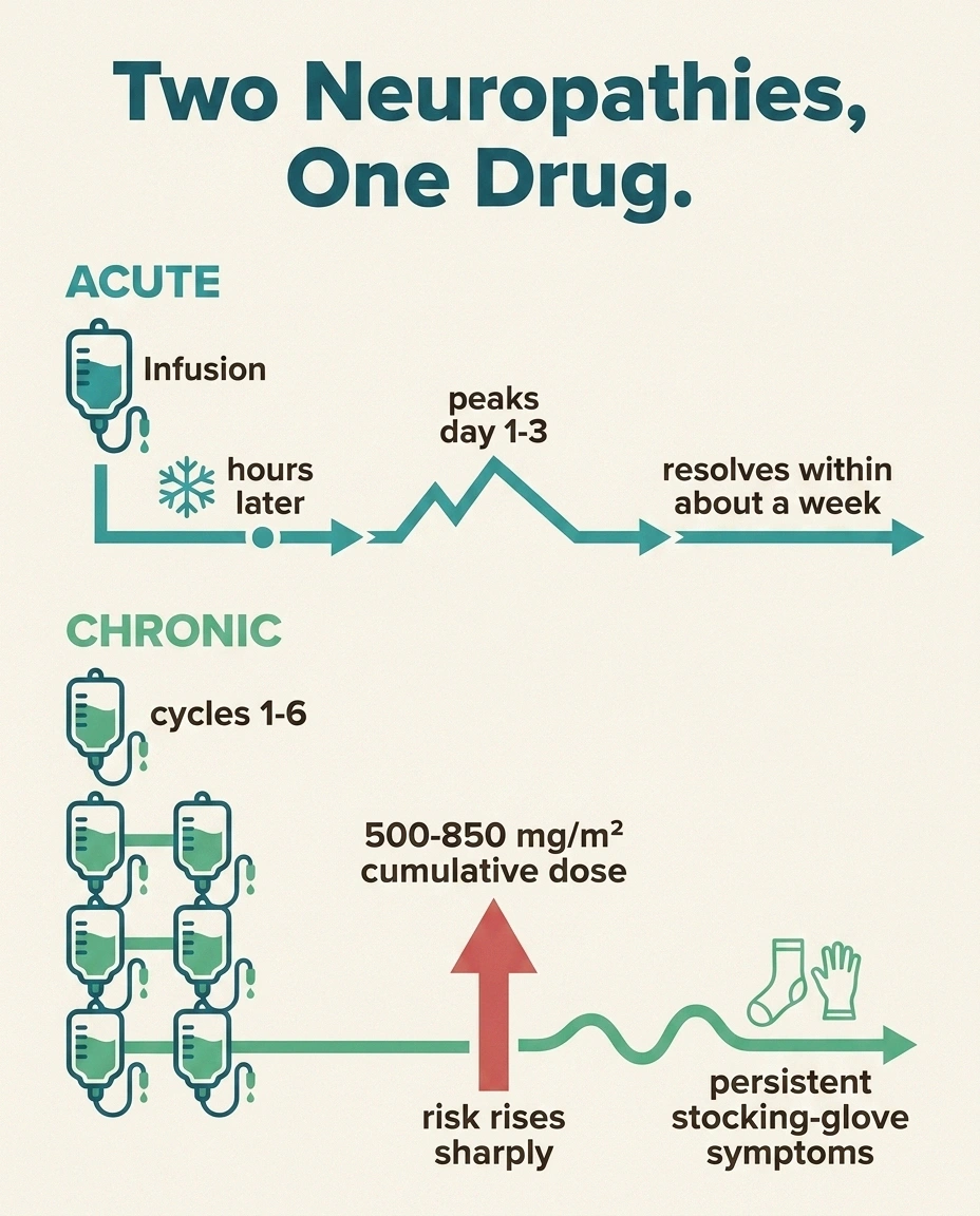 Infographic comparing the acute cold-triggered oxaliplatin neuropathy timeline to the chronic cumulative-dose neuropathy timeline