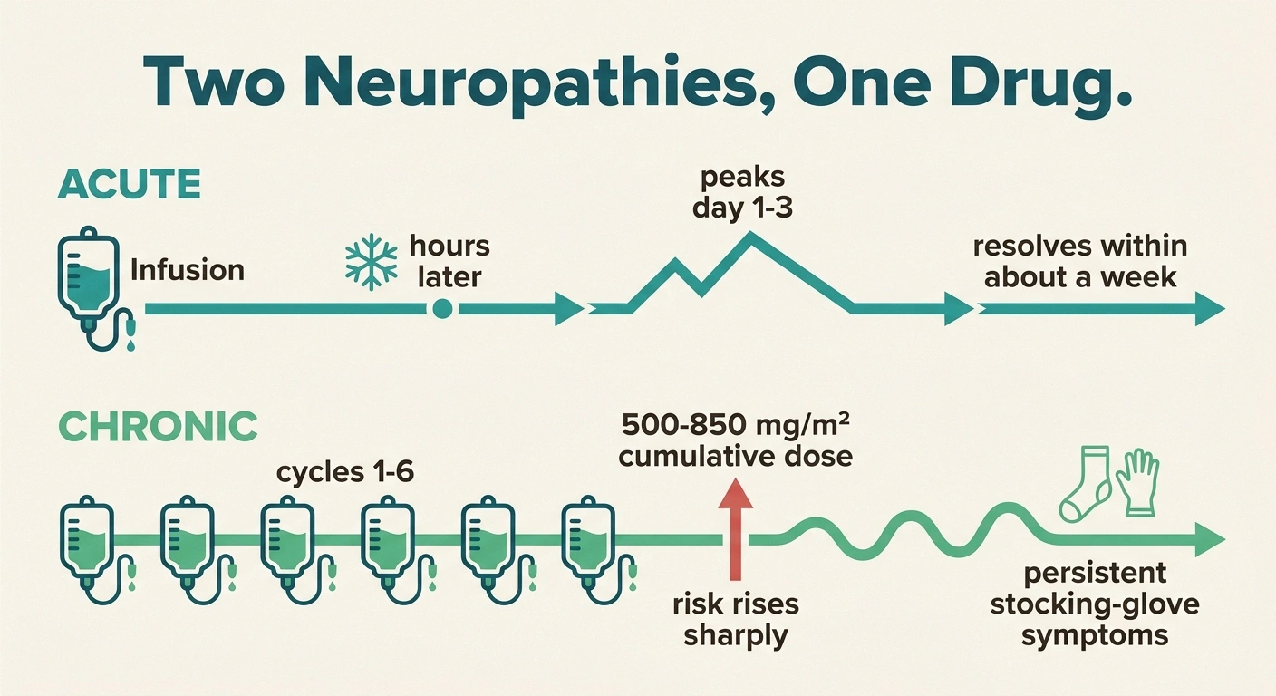 Infographic comparing the acute cold-triggered oxaliplatin neuropathy timeline to the chronic cumulative-dose neuropathy timeline
