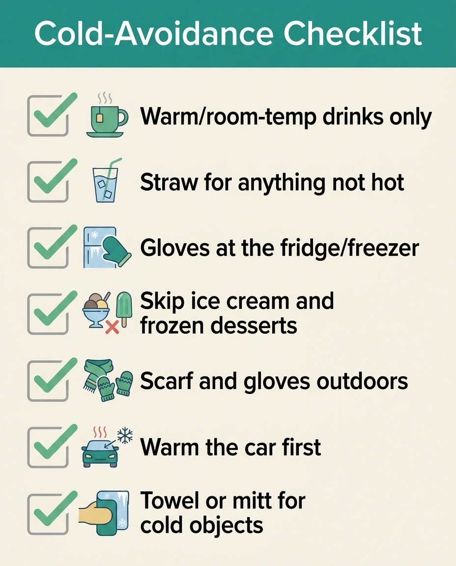 Checklist infographic of cold-avoidance strategies for oxaliplatin-induced cold sensitivity