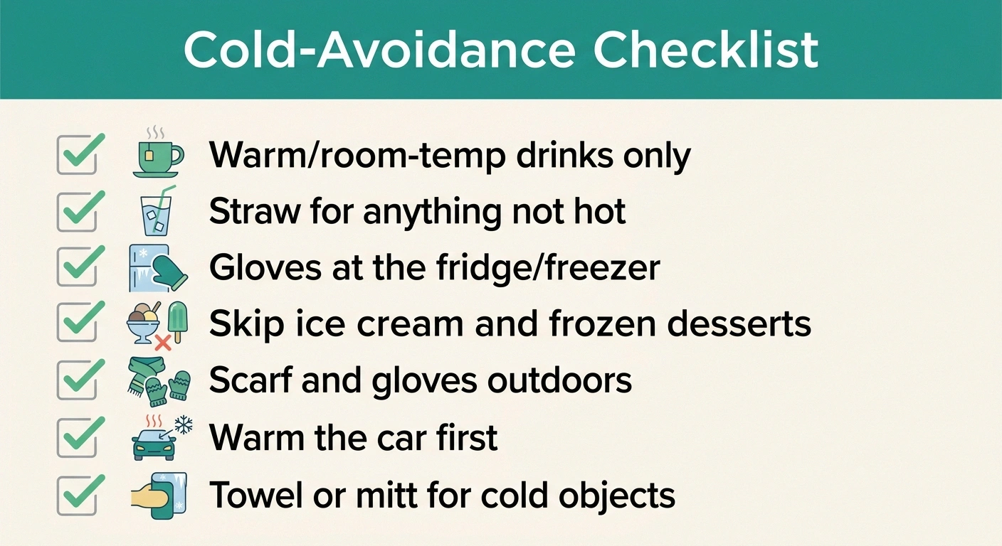 Checklist infographic of cold-avoidance strategies for oxaliplatin-induced cold sensitivity