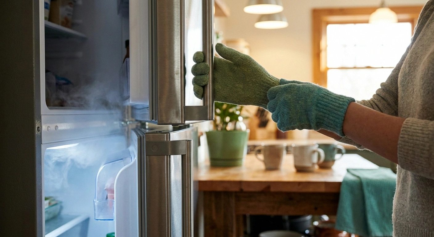 Hands putting on thin gloves before opening a refrigerator to avoid cold-triggered oxaliplatin nerve pain