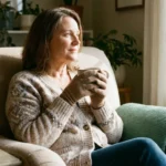 Patient in soft gloves holding a warm mug at home while managing oxaliplatin cold sensitivity