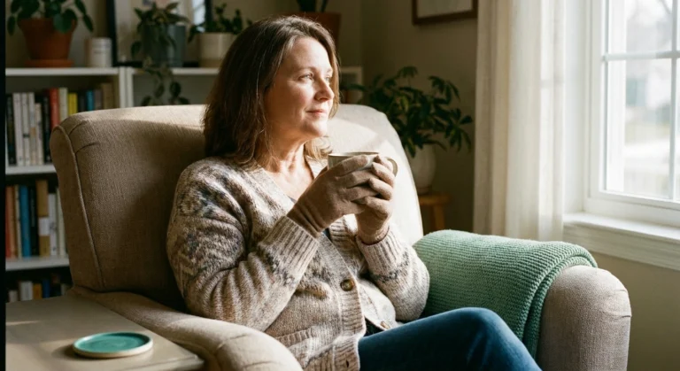 Patient in soft gloves holding a warm mug at home while managing oxaliplatin cold sensitivity