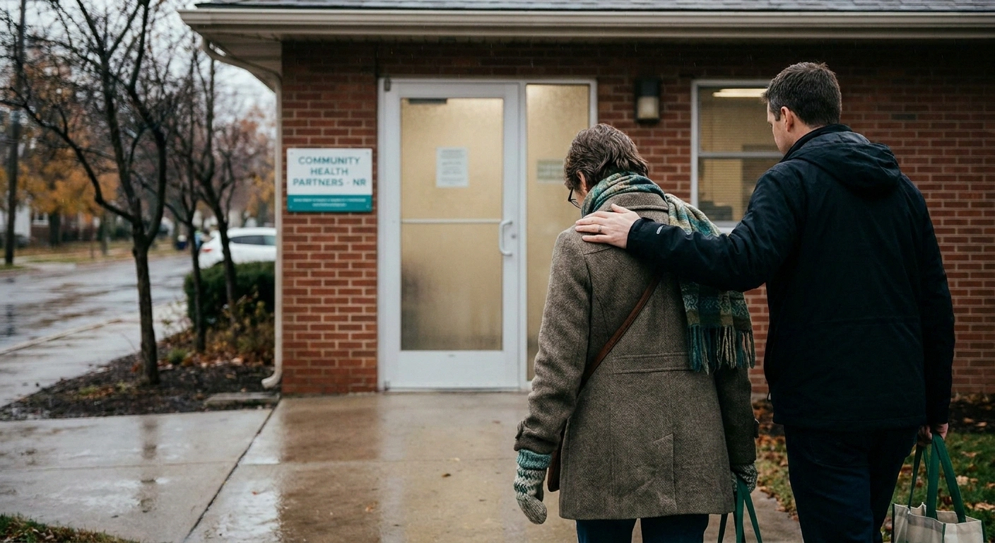 Patient bundled in a warm scarf and gloves leaving the oncology clinic to avoid post-infusion cold exposure