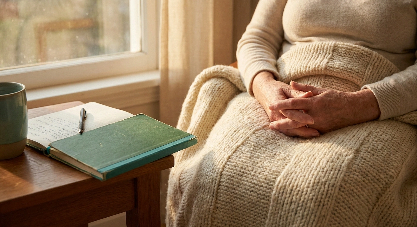 Patient's hands wrapped in a warm blanket near a sunlit window while managing chemotherapy nerve symptoms