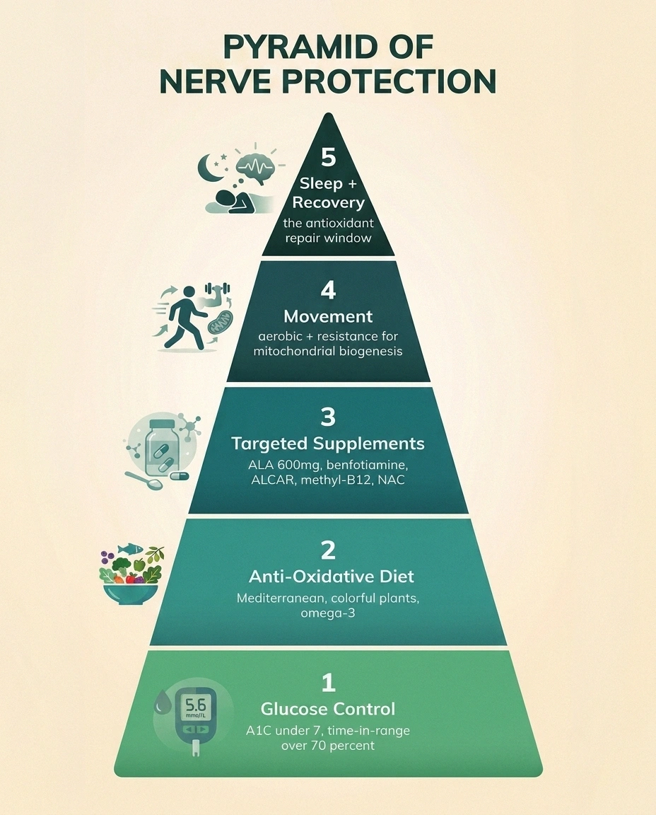 Five-tier pyramid infographic showing glucose control, diet, supplements, movement, and sleep as nerve protection layers.